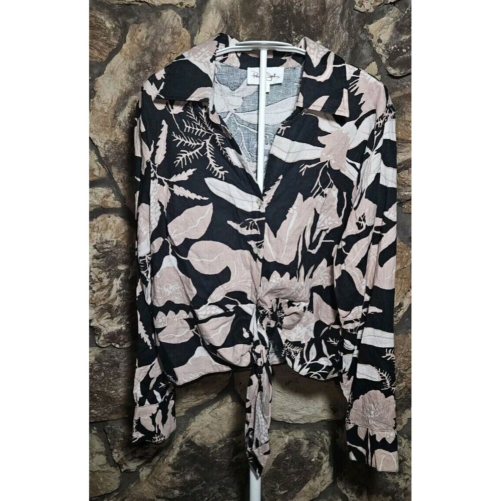 Panama Jack Womens Black Linen Blend Hawaiian Floral Print Blouse Size Medium